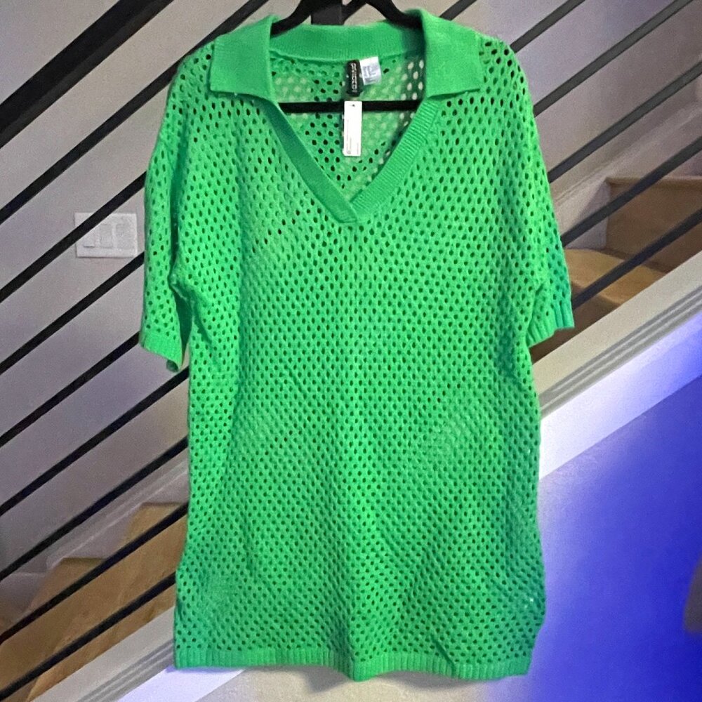 H&M Green Knitted Dress with V-Neck Collar